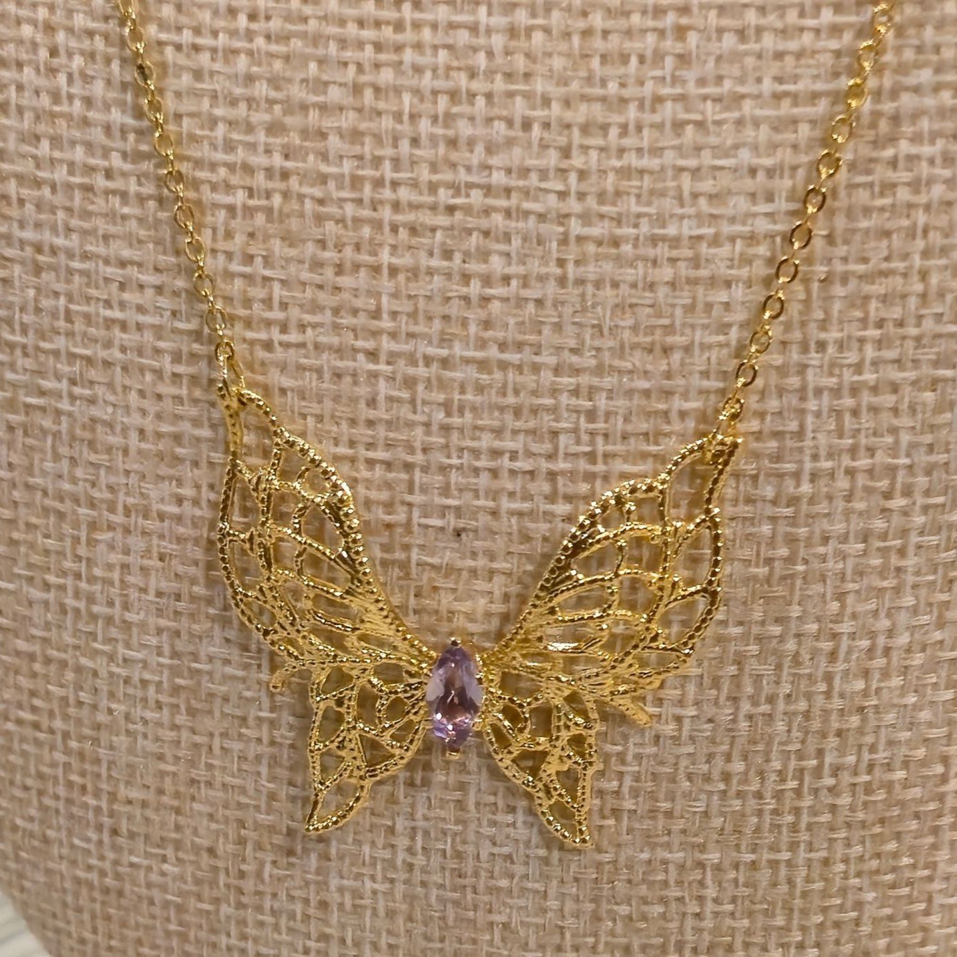 Vintage Gold Butterfly Necklace Purple Stone Filigree 14K HGE Lindenwold Jeweler