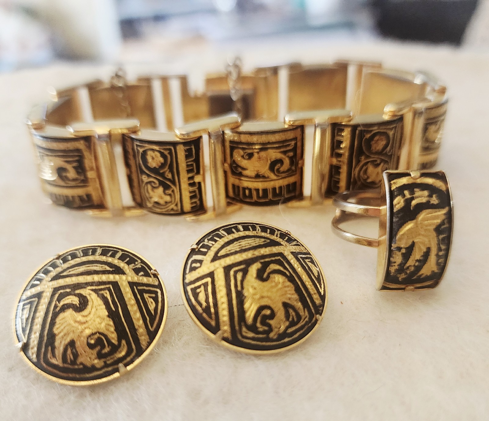 Vintage Damascene Bracelet, Earrings, Ring 7.5″ X 5/8″