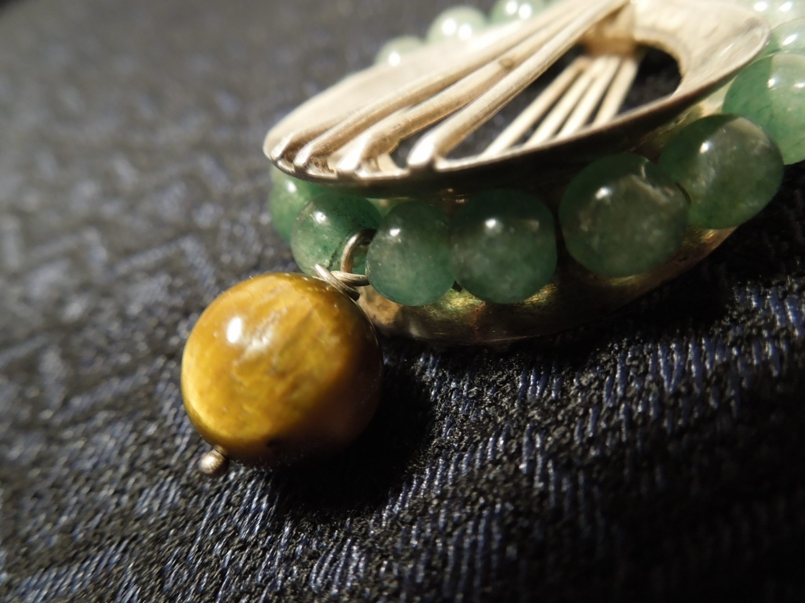 Vintage Rare Art Deco Sterling Silver Jade Tiger’s Eye Beaded Pendant