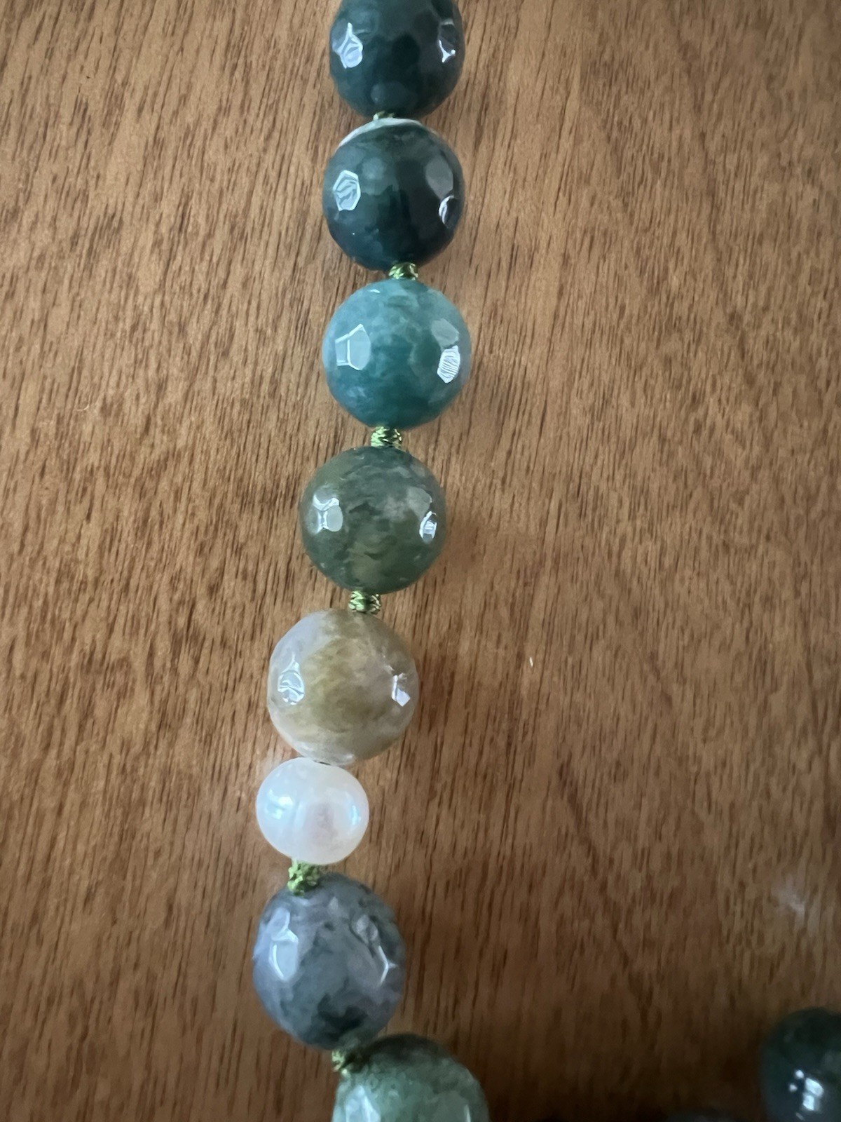 Vintage Artisan Agate & Pearl Necklace w/ Green Spot Jasper and Sterling Clasp