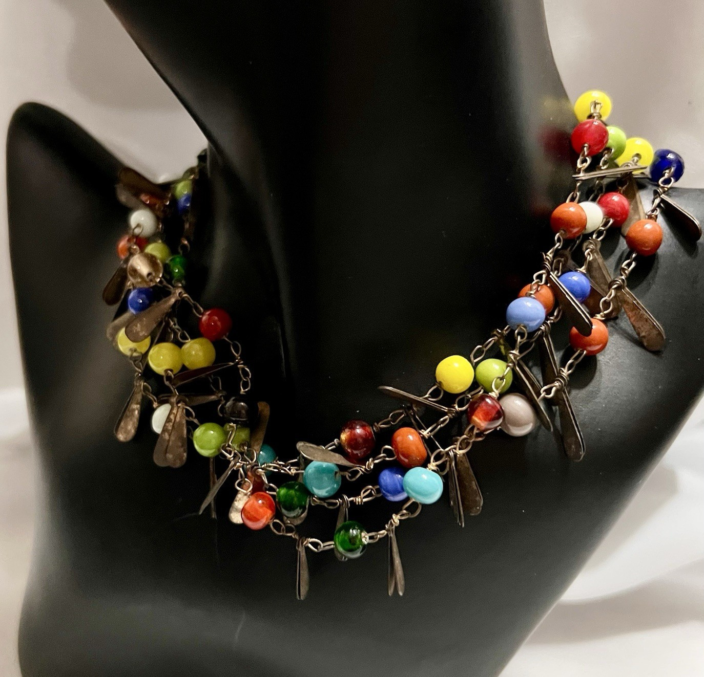 CZECH Flapper Length 54″ ART GLASS BEAD & TEARDROP METAL TAG Necklace VINTAGE