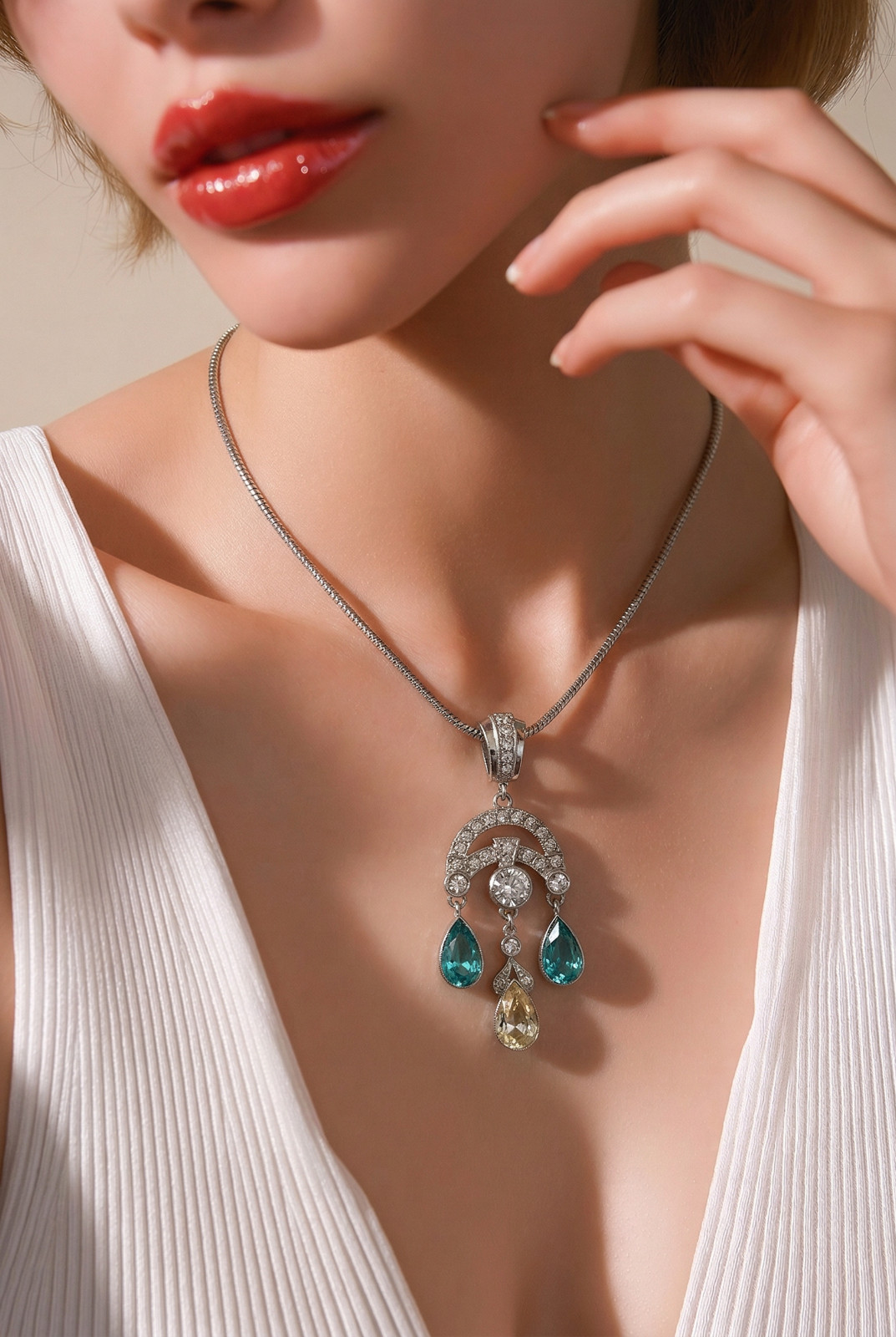 GORGEOUS Edwardian Sterling Silver Blue Crystal Pendant Drop Necklace 16″ Long