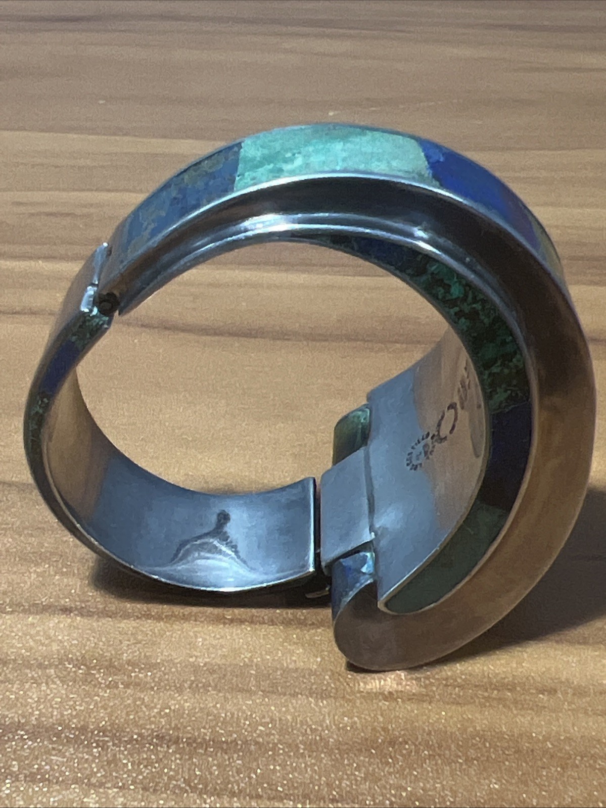 VTG Los Castillo Sterling Silver “Mosaico Azteca” hinged bracelet Taxco Mexico