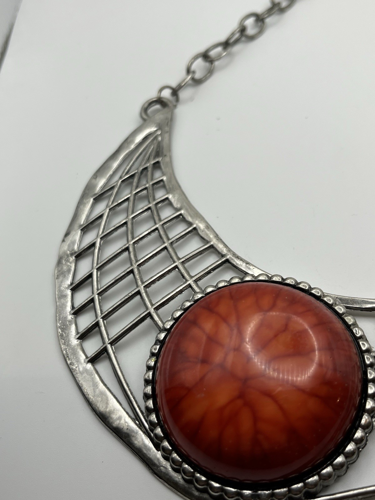 Brutalist Necklace Art Nouveau Inspired Hammered Lattice Bib Swirl Cabochon MCM