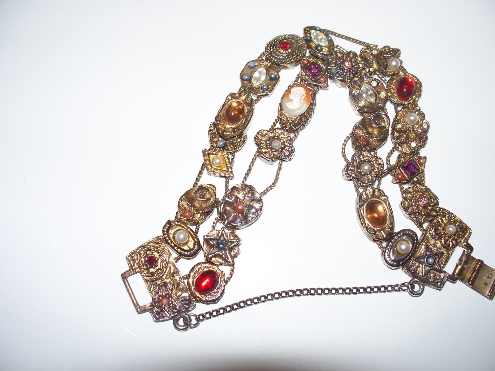 Vintage Faux Jewel Slide Double Row Charm Bracelet Cameo Amethyst Rhinestones