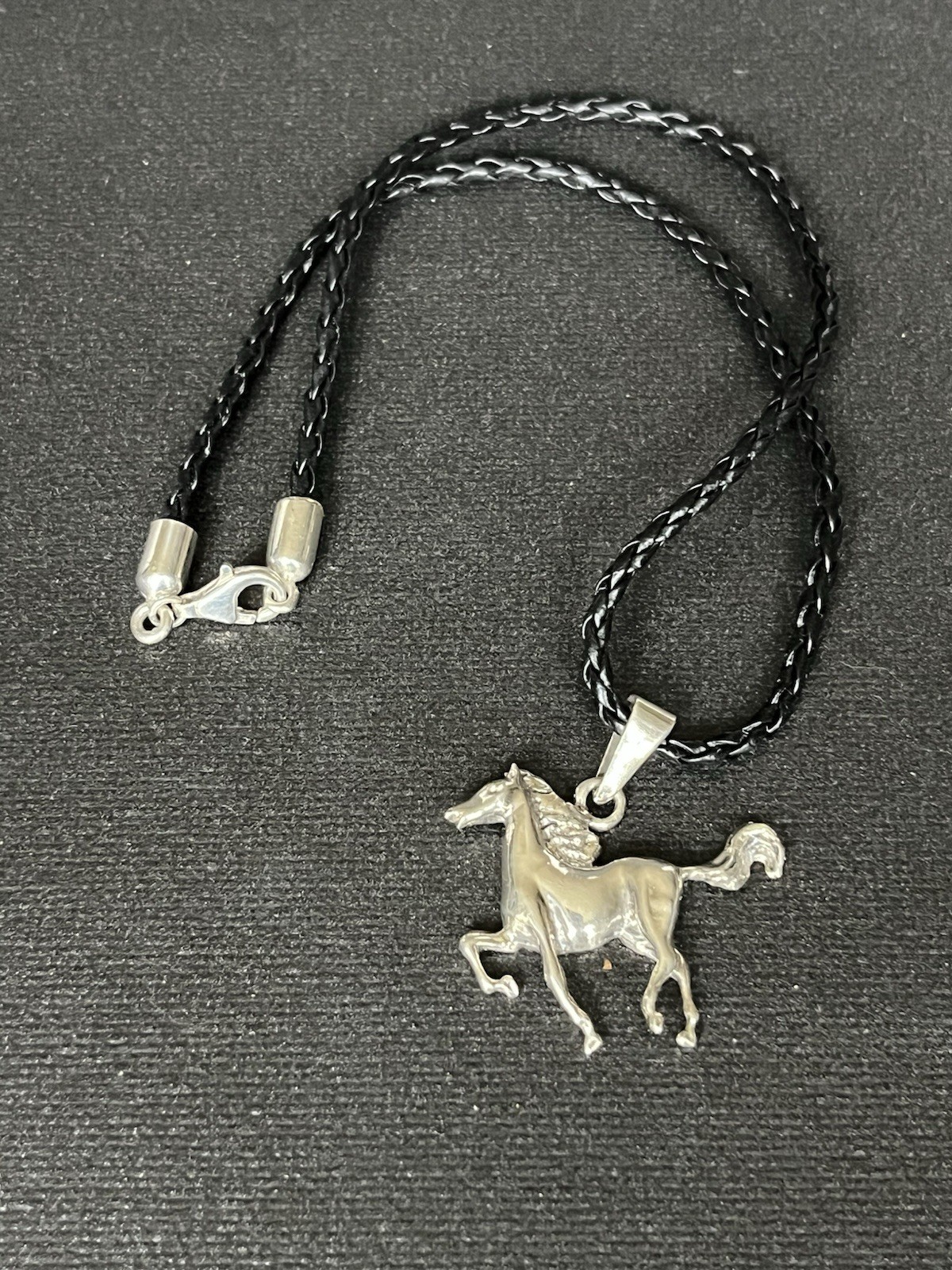 925 Signed Running Horse Pendant On black Leather Cord