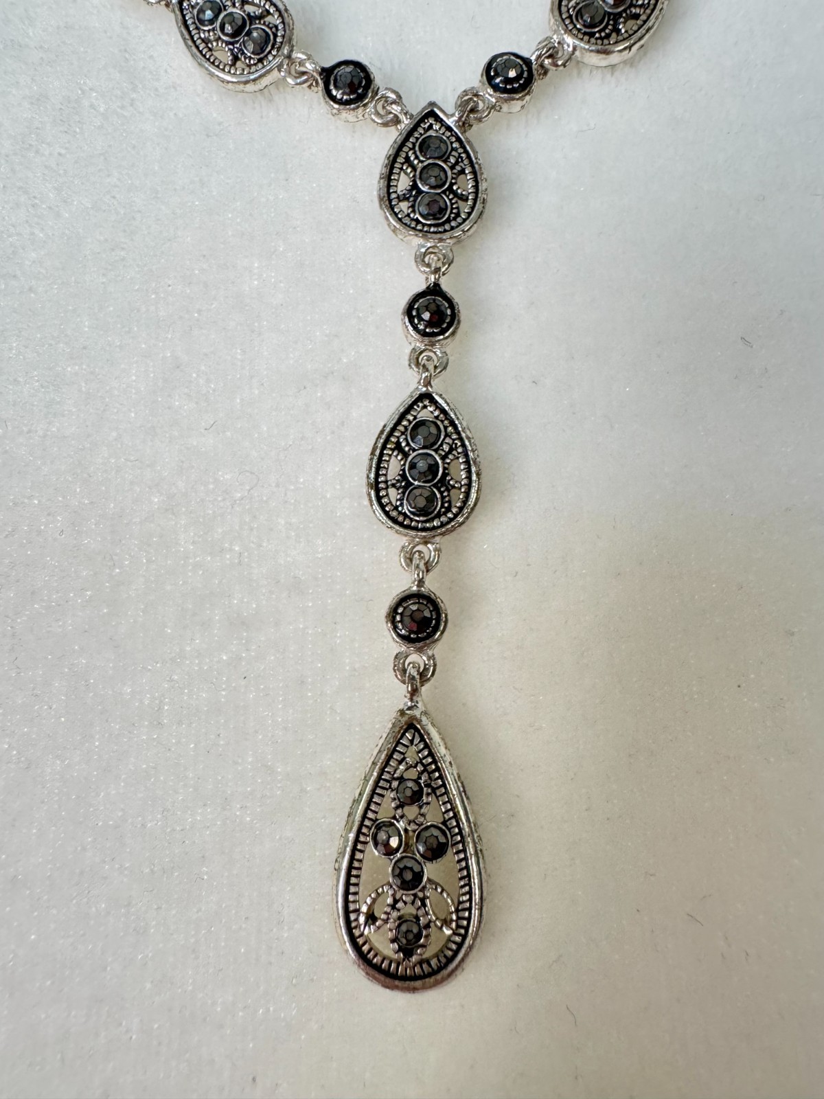 Vintage Crown Trifari Y Necklace, Faux Marcasite Teardrop Drop Pendant