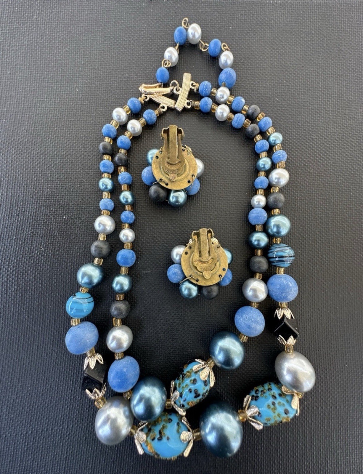 Vintage Japan Beaded Necklace and Clip On Earrings Set -8 inch-16inch