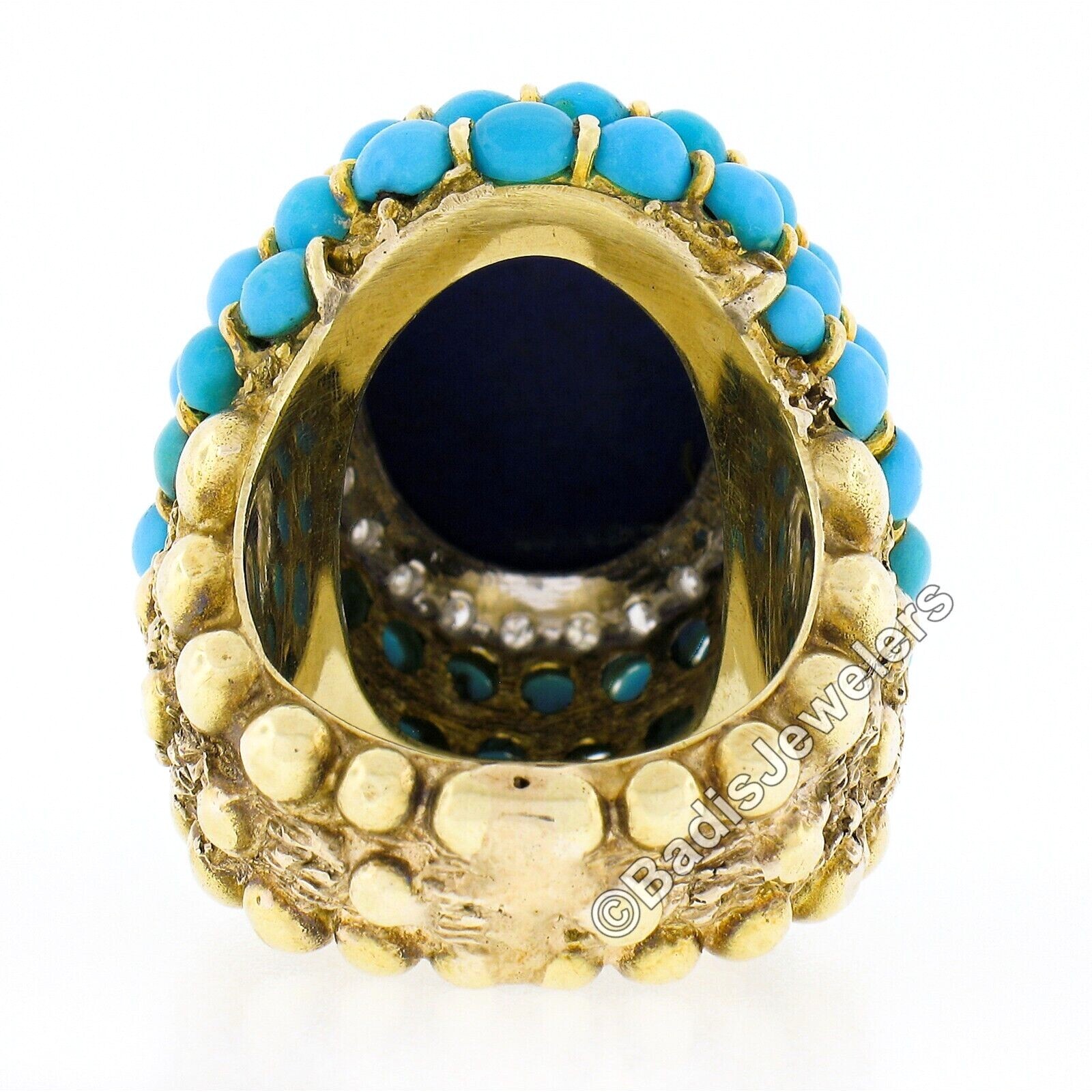 Vintage 14k Gold Cabochon Lapis Turquoise Bead & Diamond Textured Cocktail Ring