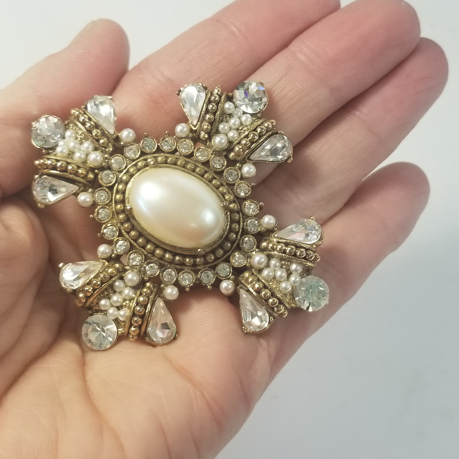 Maltese Cross Brooch Rhinestones Faux Pearls Gold-Tone VTG Designed By Paula