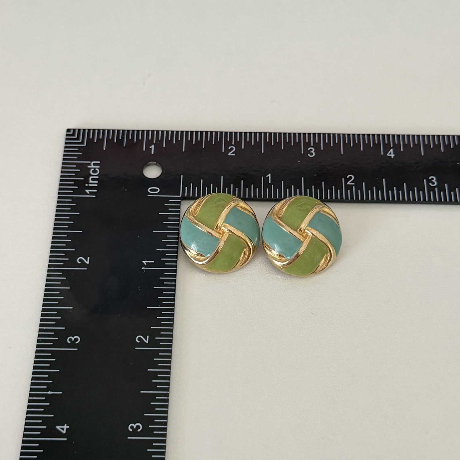 Vintage Gay Boyer Signed Green Blue Enamel Round Twist Clip On Earrings