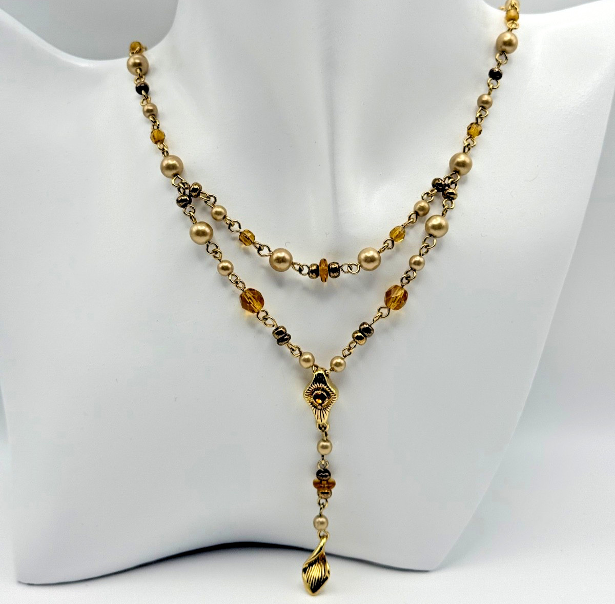 Vintage Layered Faux Pearl Amber Glass Gold Tone Y Necklace Adjustable