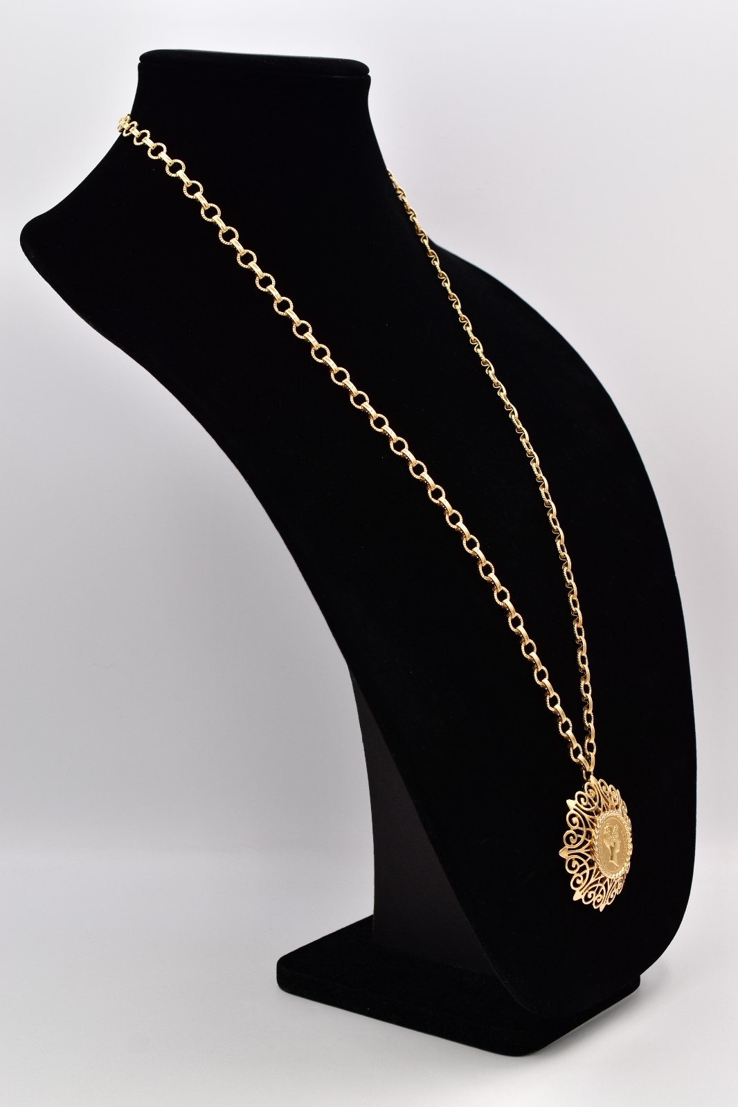 Monet Vintage Coin Pendant Necklace Gold Filigree Medallion Signed 1970s BinBN