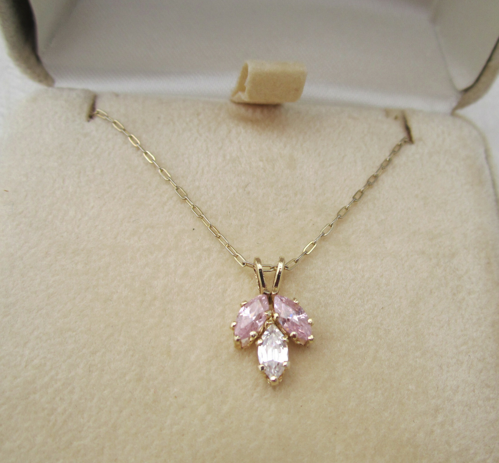 12K Gold Filled Pretty Marquise Cut Pink & Clear CZ Pendant Necklace NOS