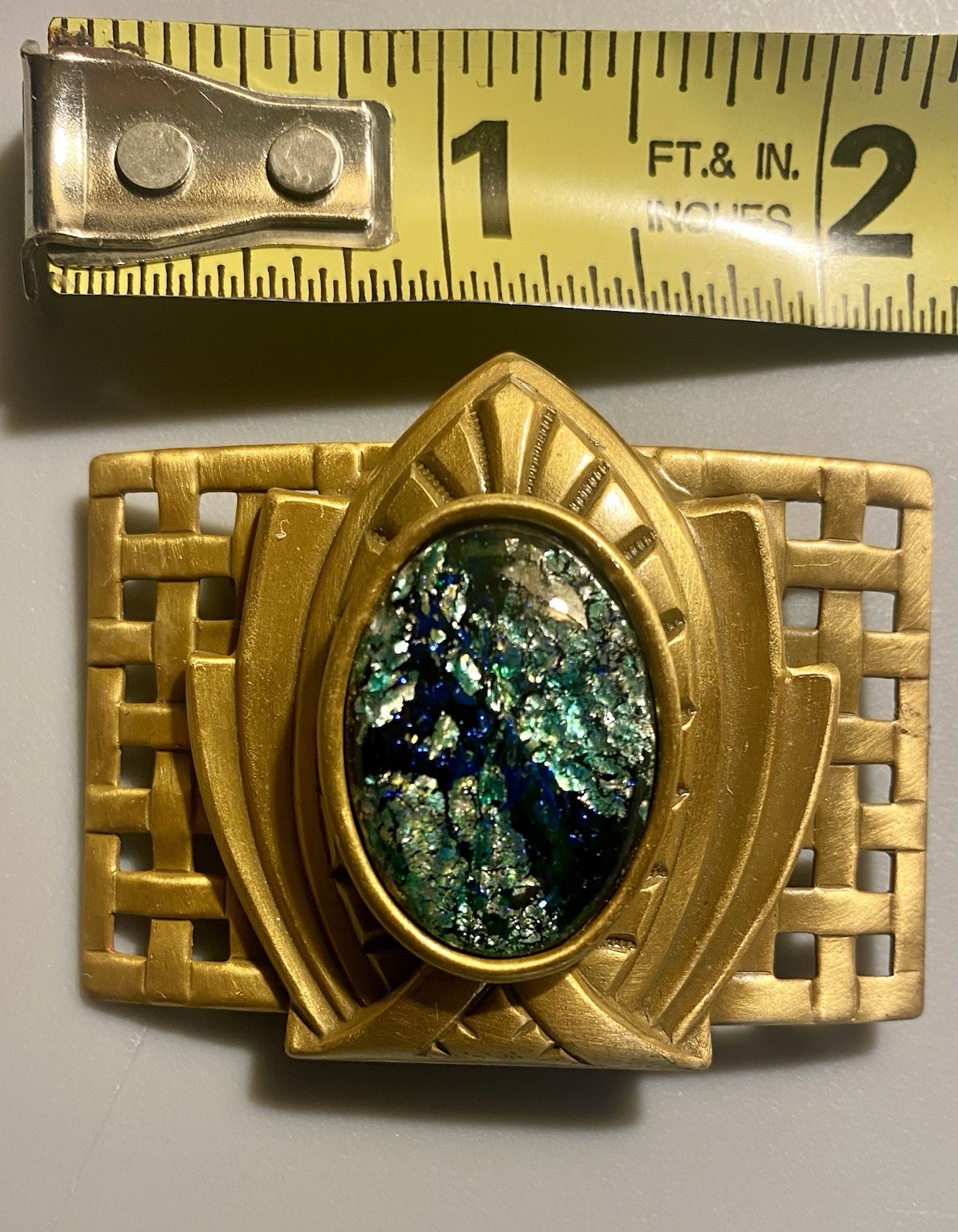 Vintage 80’s Art Deco Style Foil Cabochon Brass Tone Brooch Statement Piece