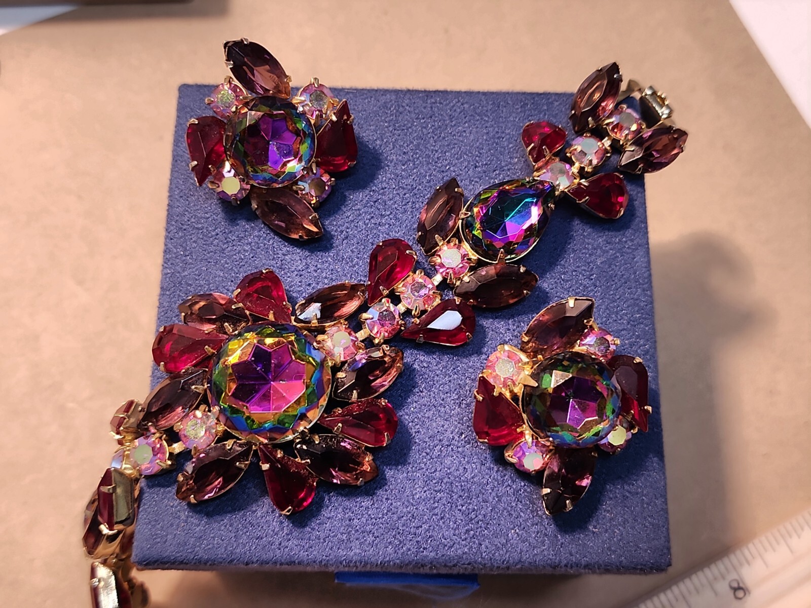 Vintage Juliana Amethyst Red Watermelon Vitrail AB Demi Parure Bracelet Earrings