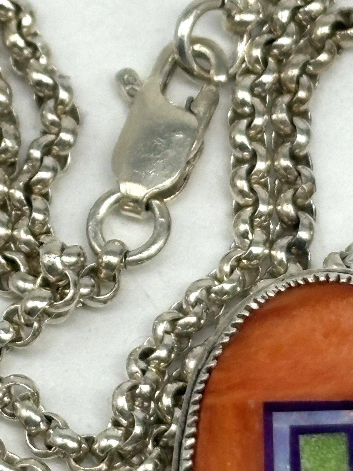 Aldrich Art Jewelry Necklace Orange Heart Inlay Sterling Silver Vintage 18″
