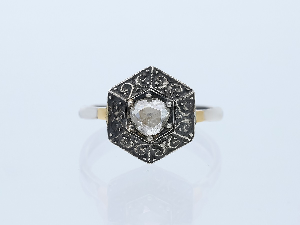 Antique Solitaire Ring 0.35ct. Brilliant diamond 925 silver 585 gold detail j…