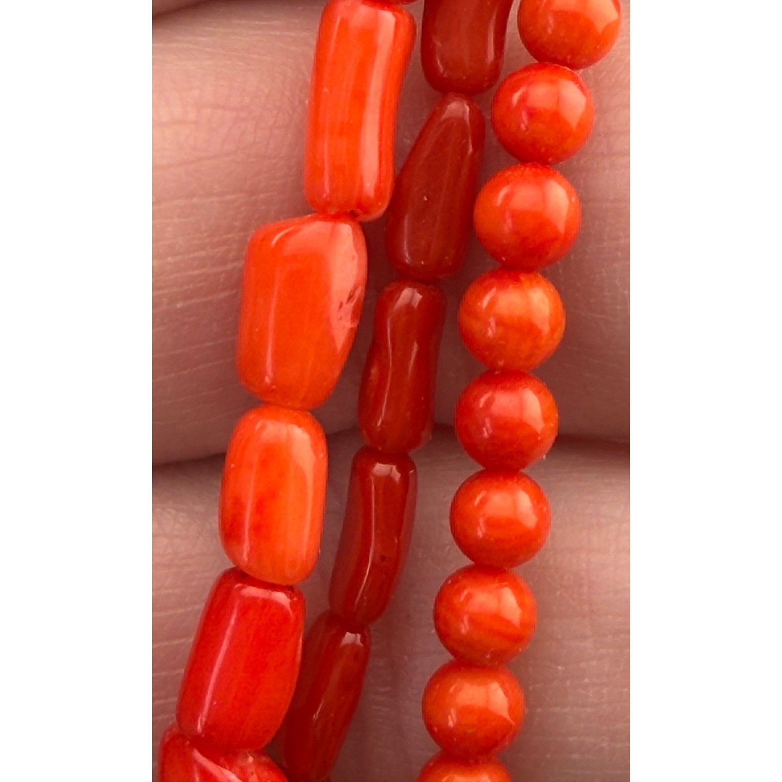 Vintage Multi Strand Coral Bead Necklace Sterling Silver Salmon Orange Beads