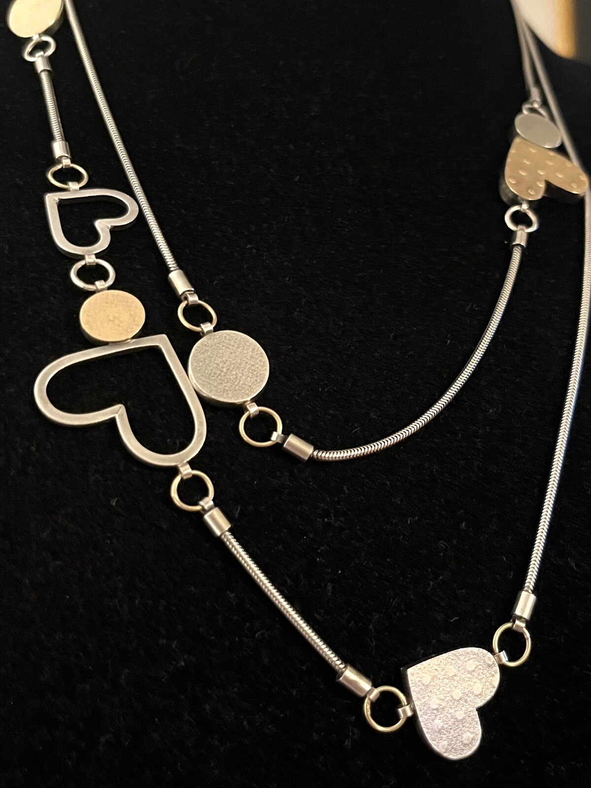 Vtg Estate Mid Century Modernist Textured Sterling Gold Hearts Station Necklace