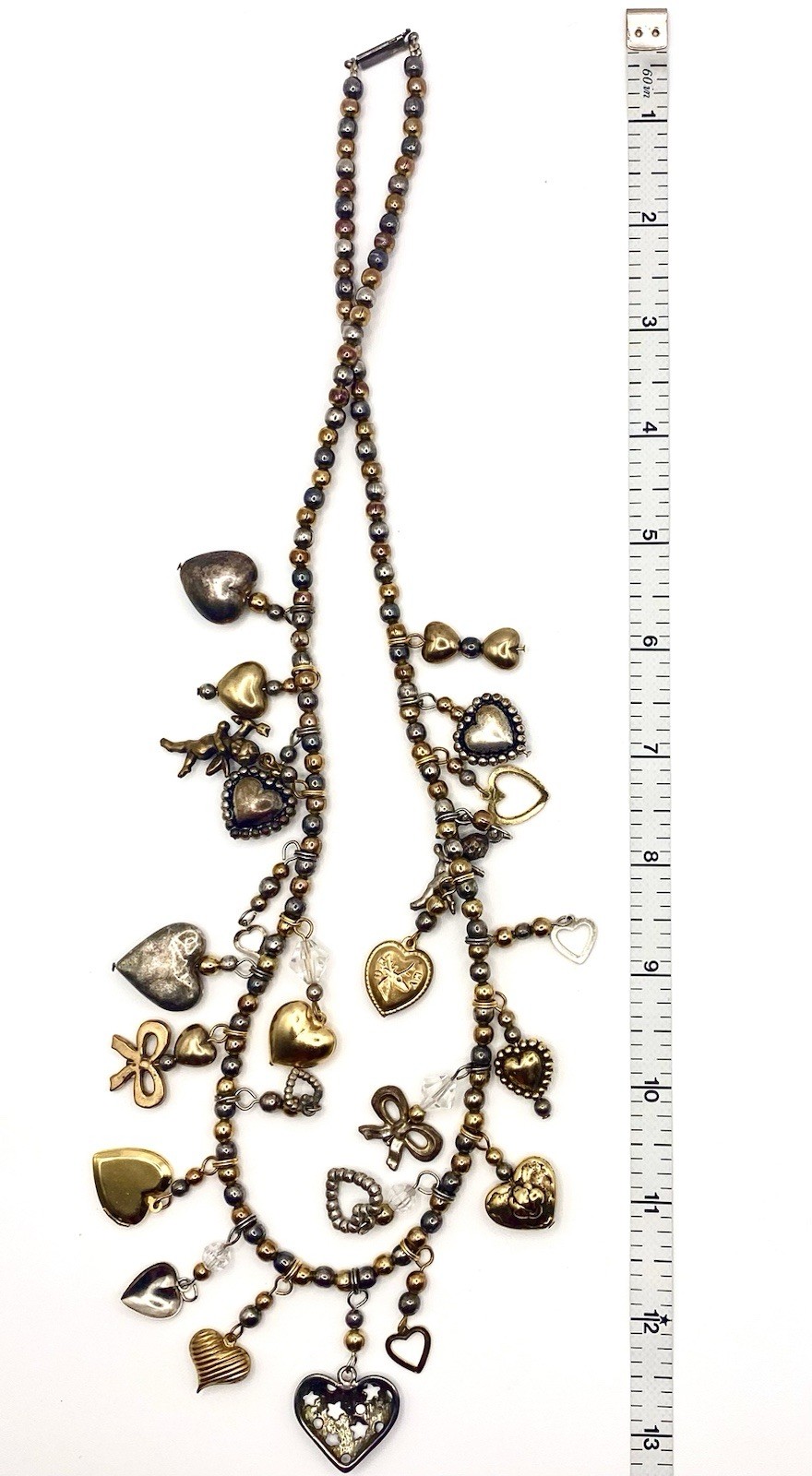 Vtg Estate Silver Bronze Gold Tone 24 Charms Necklace Glass Works Studio Style