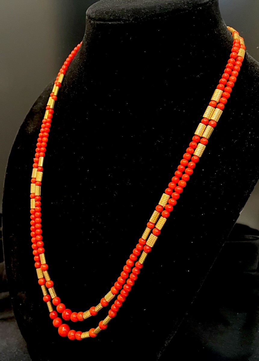 Red Coral Ox Blood Round Pearl Beads Necklace 14K Gold Clasp 2-Strands 26” 44.9g