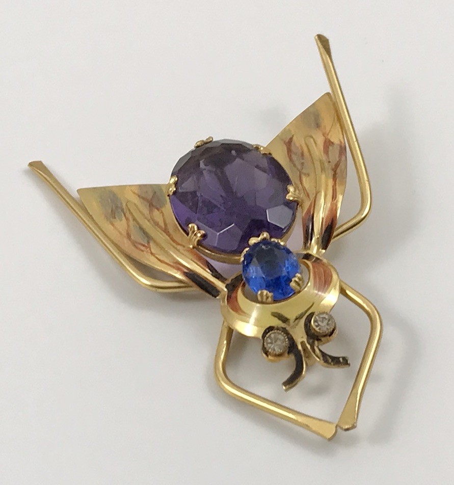 VTG Coro Sterling Silver Purple & Blue Crystals Enamel Fly Insect Brooch Pin #46