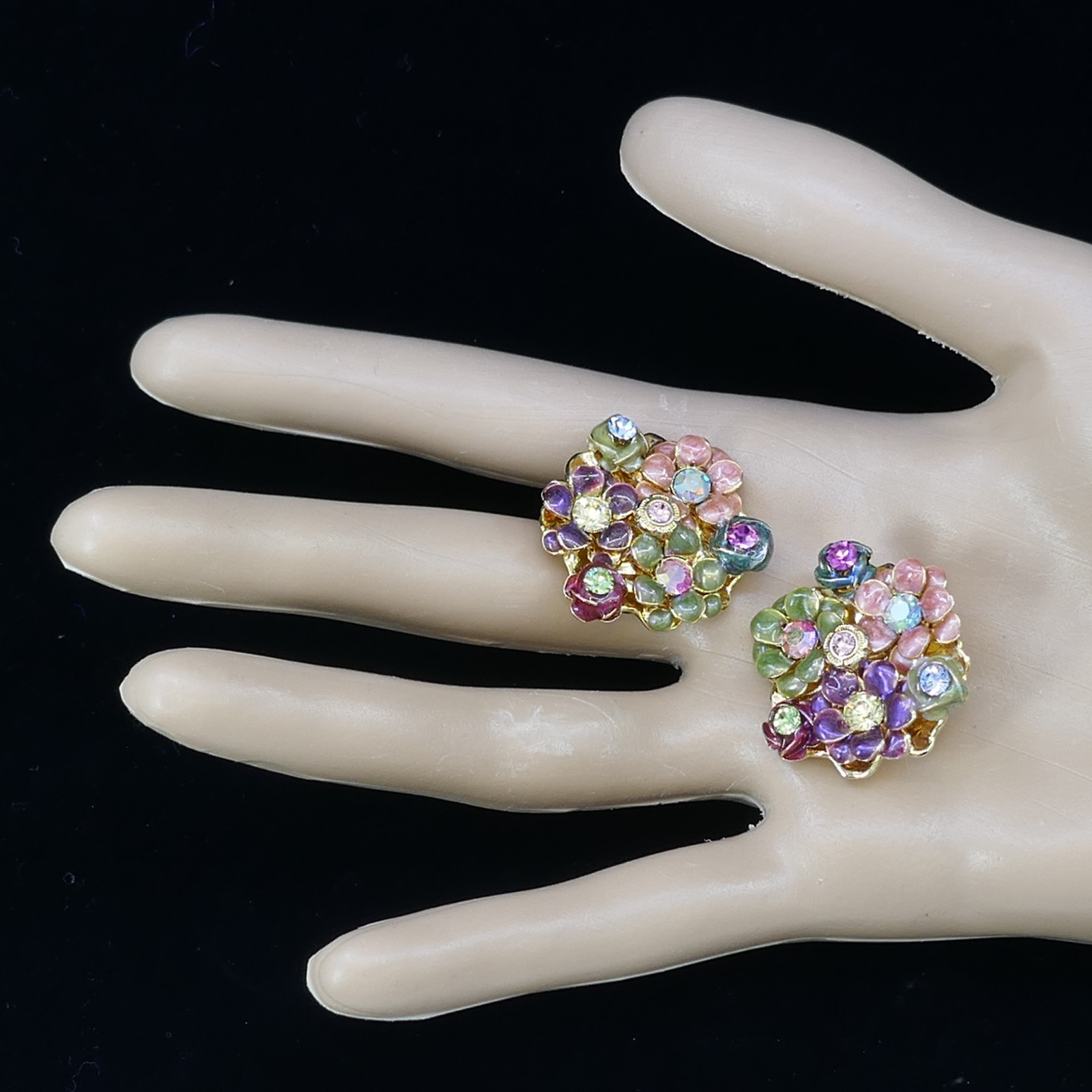 KIRKS FOLLY PASTEL CRYSTAL RHINESTONE ENAMEL FLOWER CLIP-ON EARRINGS FREE SHIP