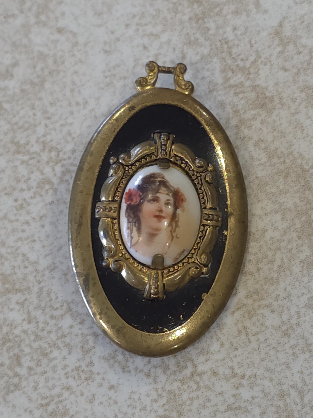 Antique Portrait Art Nouveau Victorian Women Converted Brooch Pin Brass Enamel