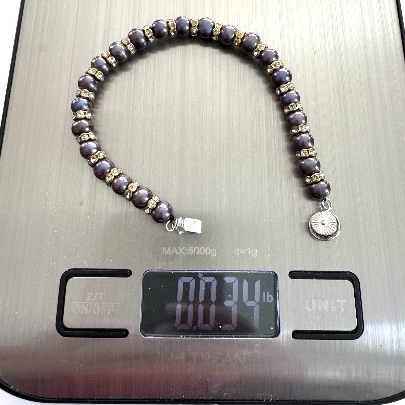 VTG Freshwater Pearl Bracelet Peacock Purple Rhinestone Rondelles Box Clasp 7.5”