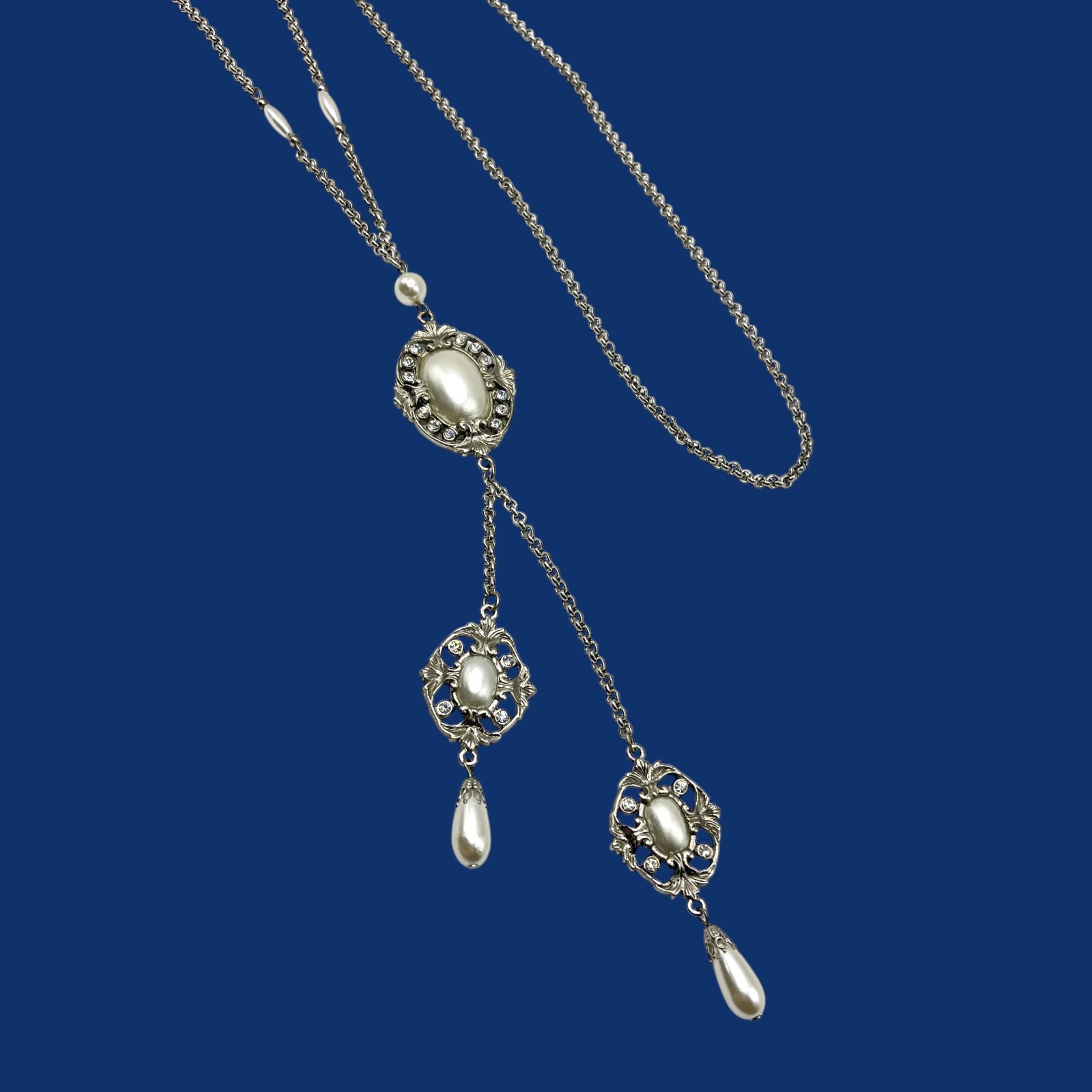 Vintage Y Drop Necklace Imitation Pearl Cabochon Dangle Charm Victorian Style