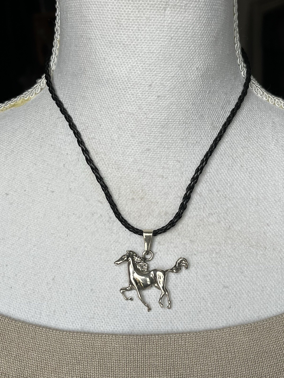 925 Signed Running Horse Pendant On black Leather Cord