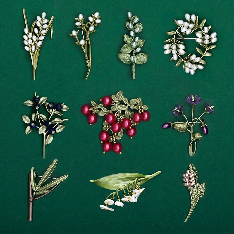 Women Elegant Enamel Pearl Brooches Pins Vintage Plant Series Badges Corsage