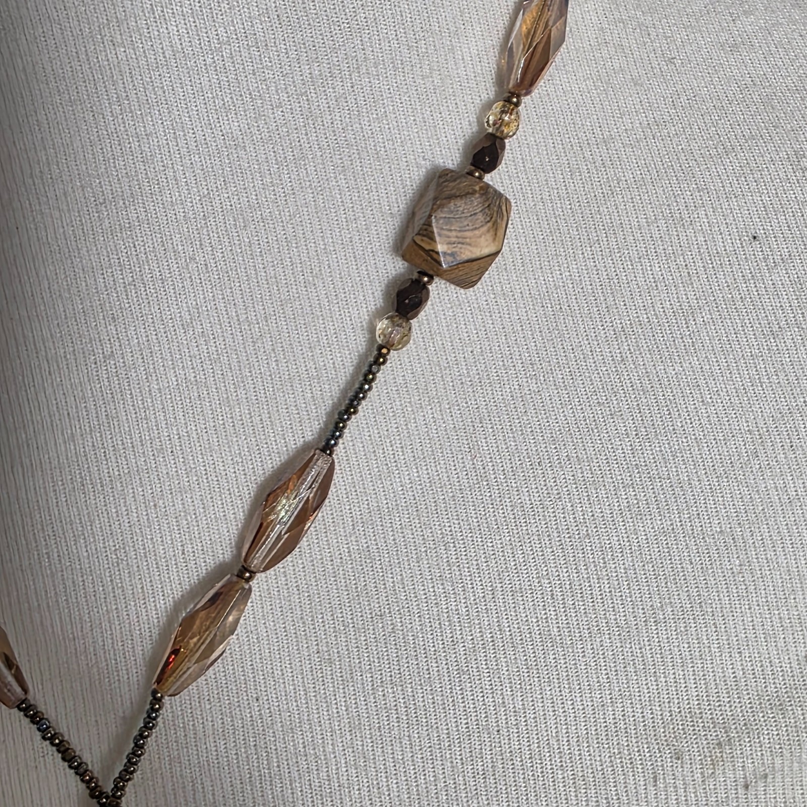 Beaded Lariat Necklace Large Irregularly Shaped Stone Earth-Tone Mix of Beads