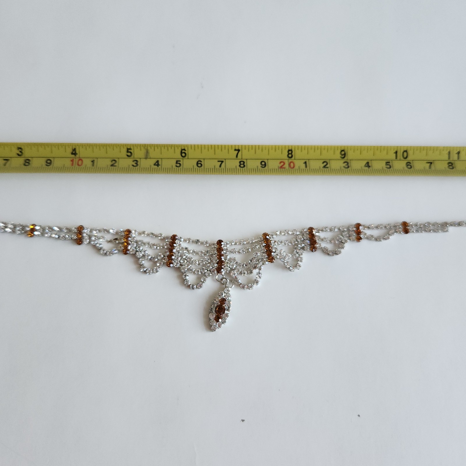 Old Hollywood Rhinestone Necklace Amber Accent Draped Bib 15–17” Silver