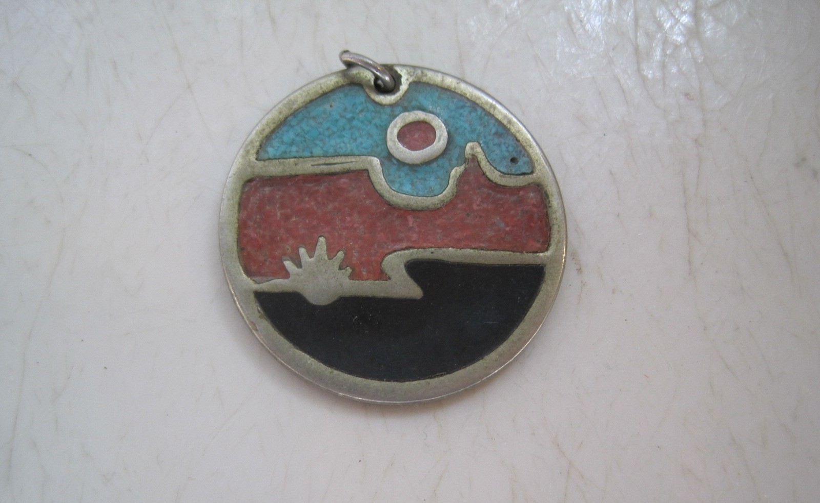 Vtg German Silver Pendant Southwest Landscape Enamel Turquoise Coral & Black 1”