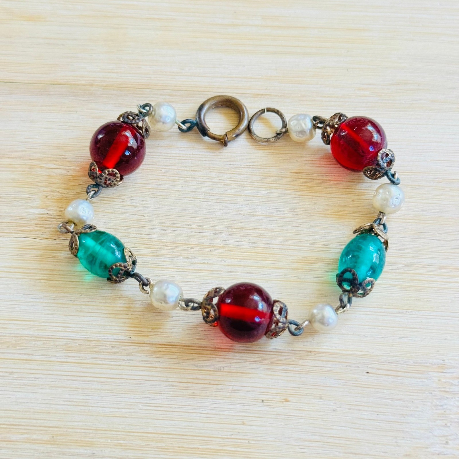 VTG Chunky Gripoix Style Glass Cabochon Pearl Bracelet Brass Statement Boho 7″