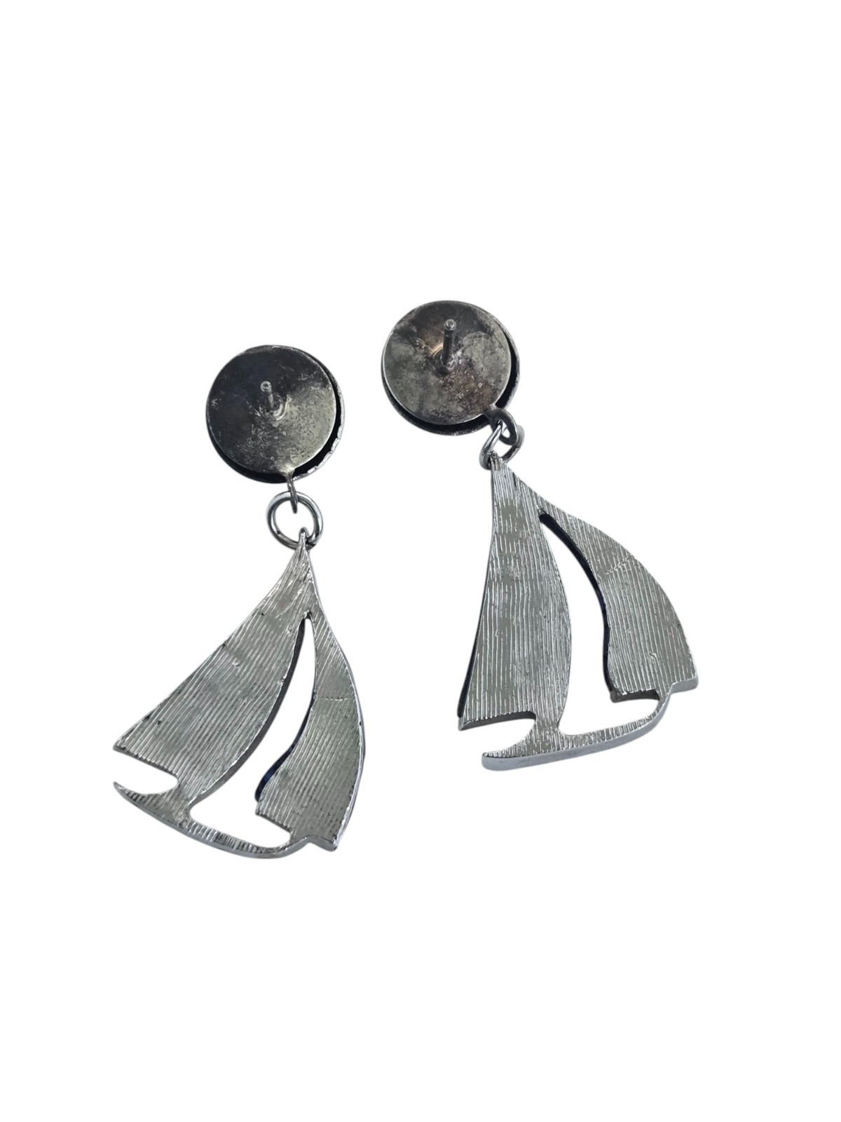 Vintage Silver Tone Blue Paua Abalone Sailboat Drop/Dangle Earrings