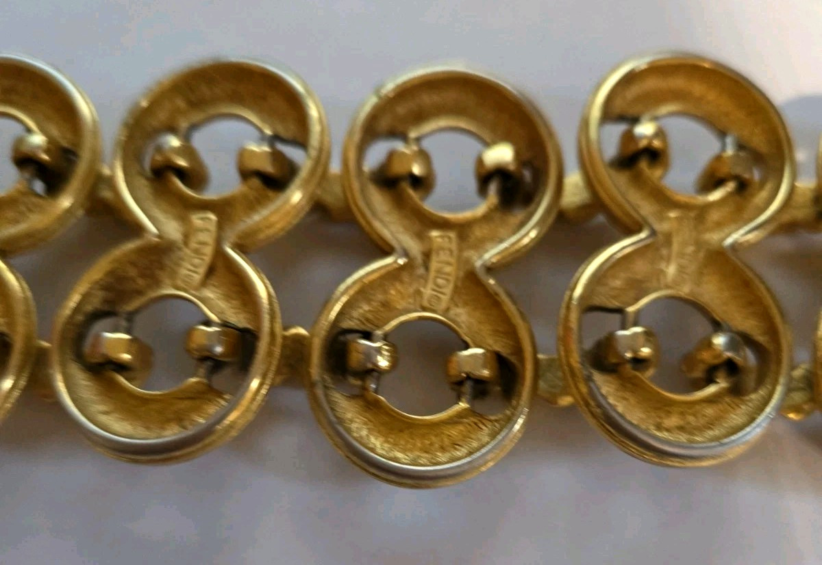 Vintage FENDI Wide Two Row Gold Plate Bracelet 8″ Length Signed 80s