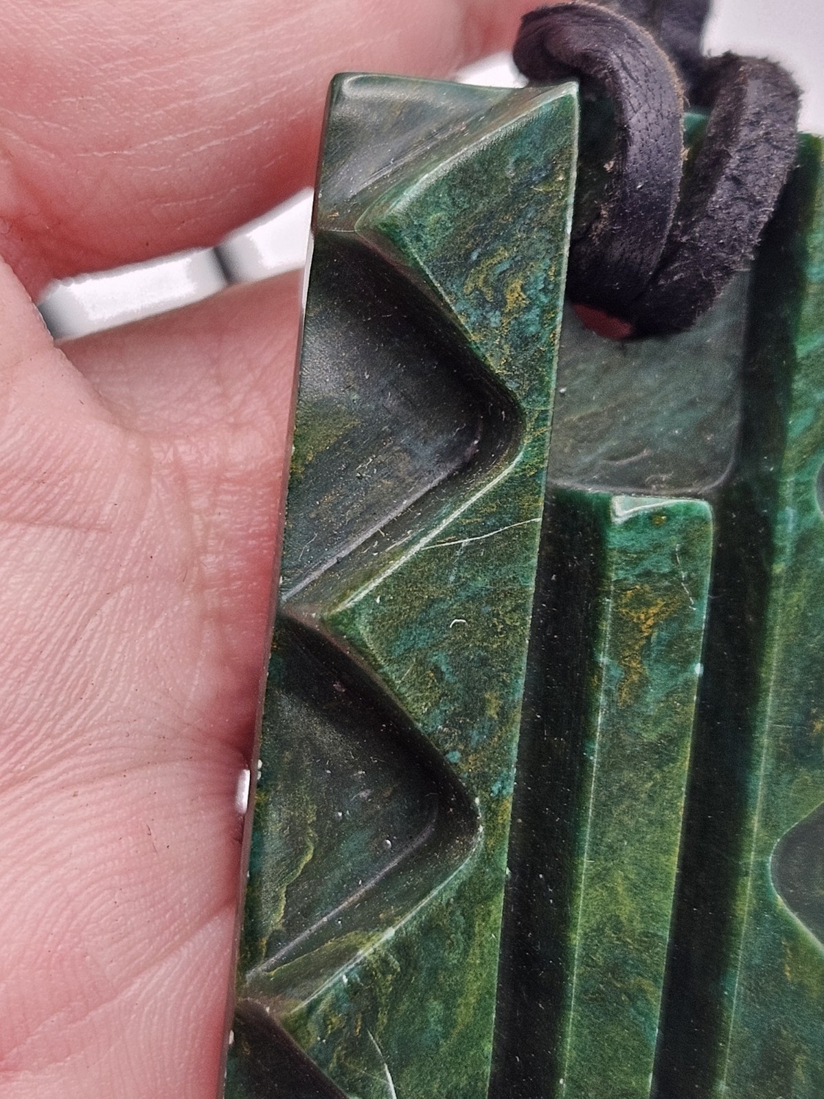 Vintage Carved Green Stone Pendant Leather Cord Necklace