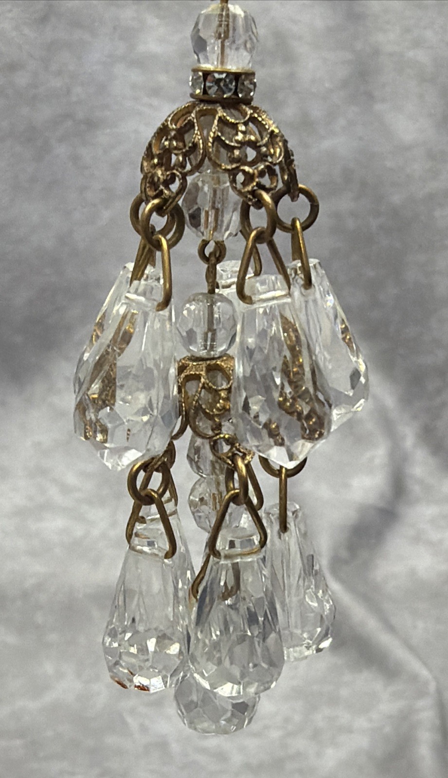 Vintage Signed Miriam Haskell Brass Crystal Facet Glass Dangle Necklace T2