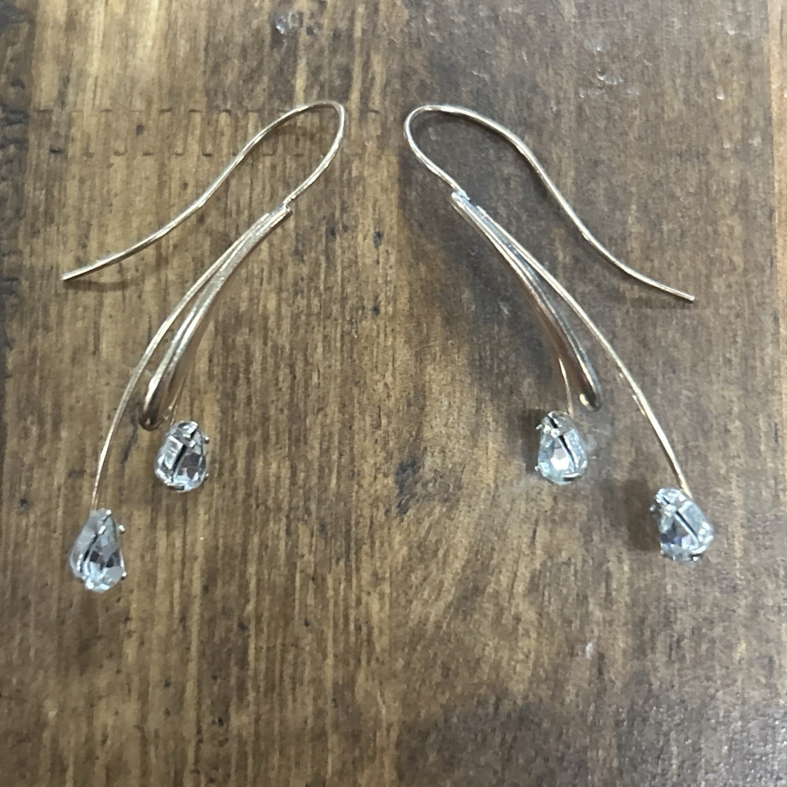 Unmarked Gold Filled Double Teardrop White Stone Drop Earrings 1.9 Grams