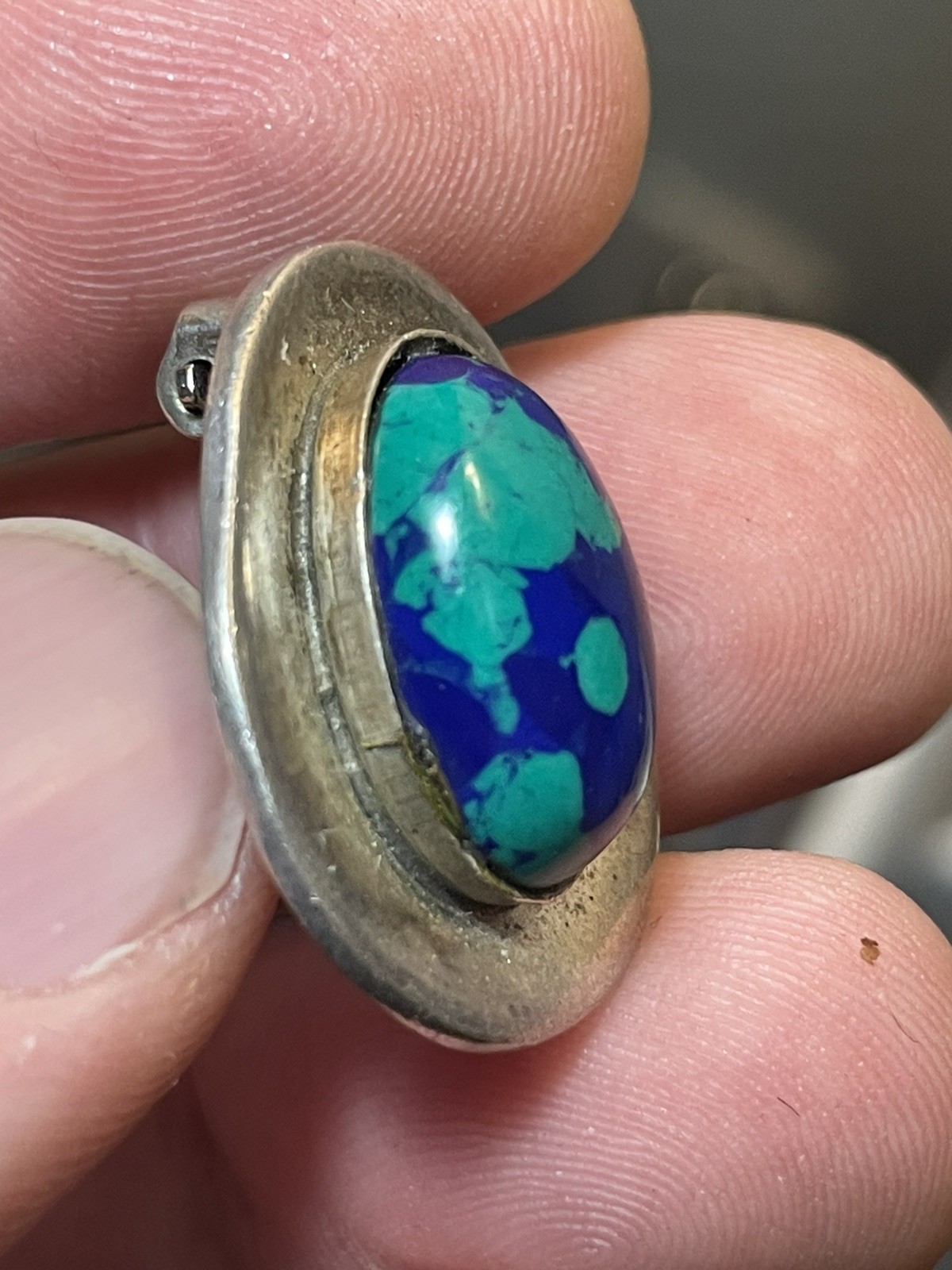 Vintage Sterling Azurite Heavy Clip On Earrings Mexico 925 TH-97 *See Pics/Notes