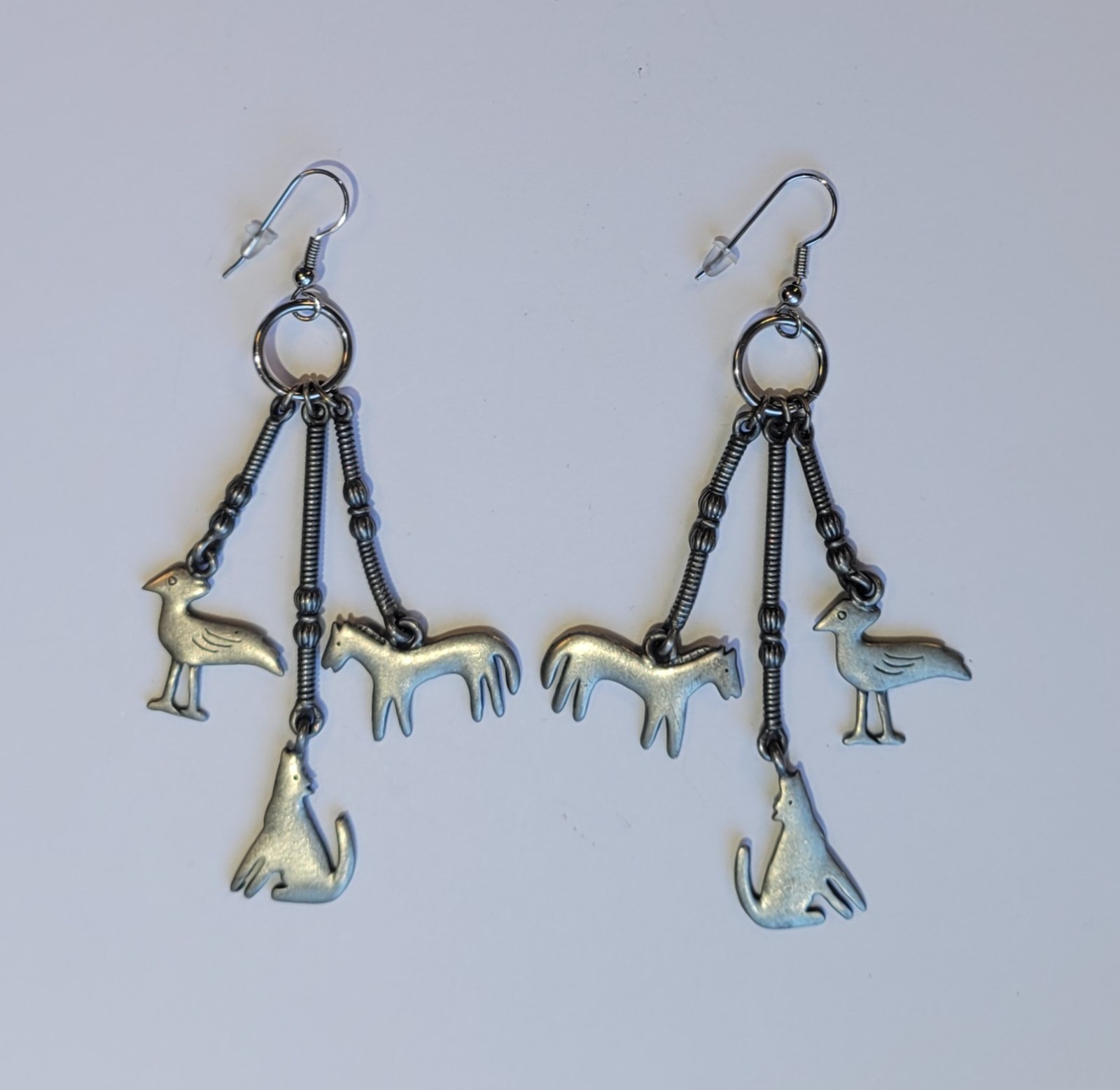 Southwestern Pewter Dangle Earrings Roadrunner Horse Coyote Or Wolf Vintage