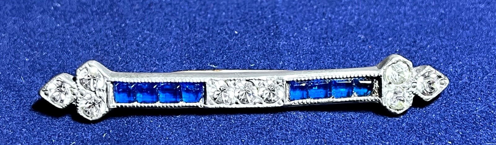 ANTIQUE SILVERITE HWF & SON BAR PIN WITH CLEAR RHINESTONES & SAPPHIRE BLUE GLASS