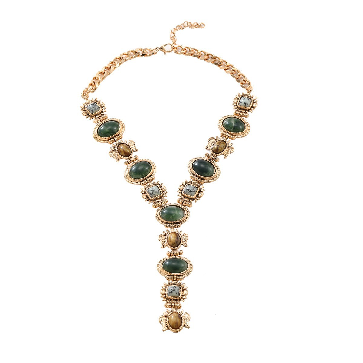 Vintage Glam Green stone Tiger Eye Choker Gold Victorian Statement Necklace gift