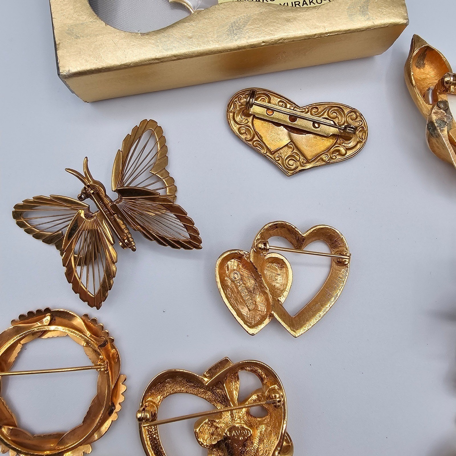 Vtg Gold Tone Brooch Lot Rhinestone Butterfly Floral Some Signed Avon Monet 20pc