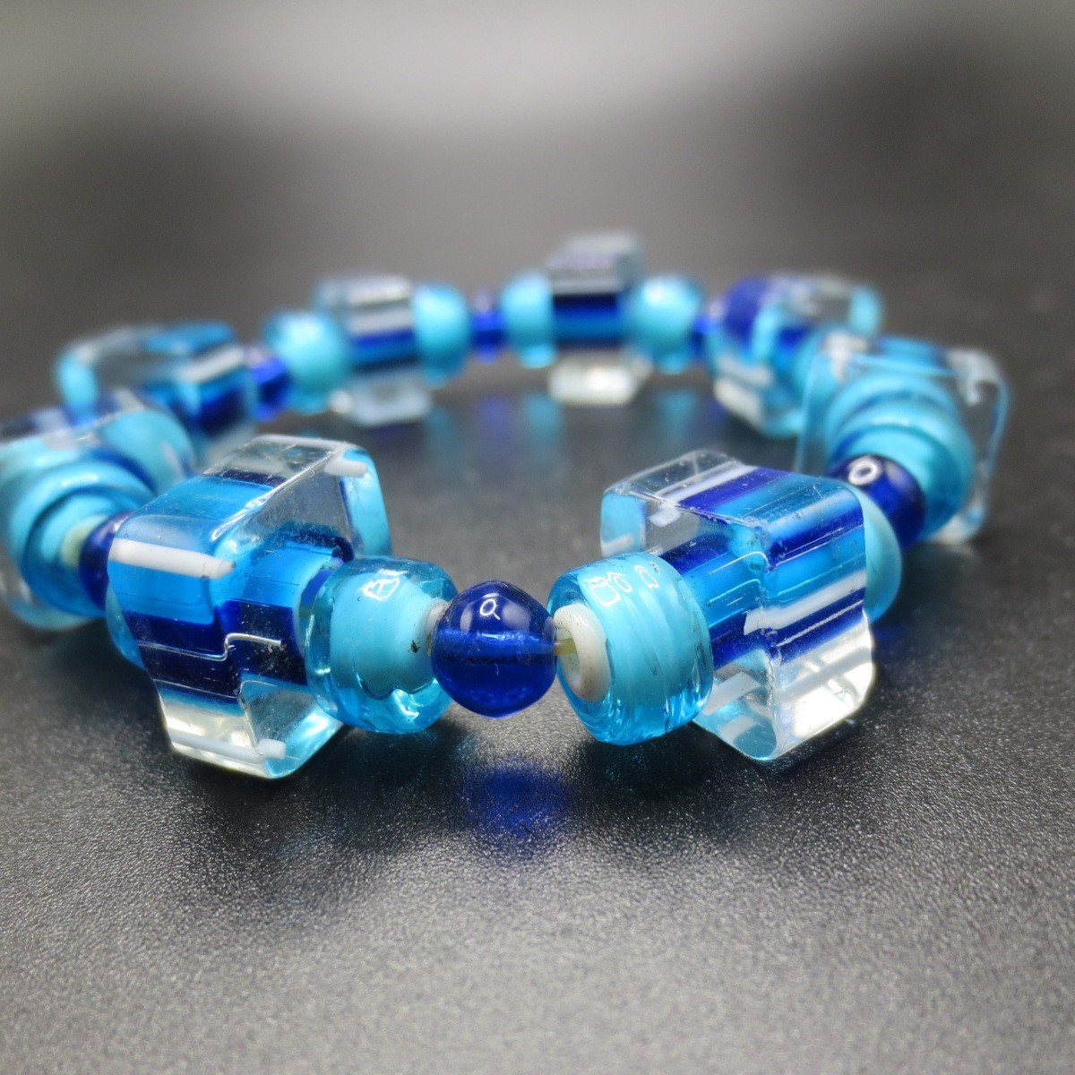 Vtg Striped Square & Small Round Blue Glass Beads Stretch Bracelet Boho