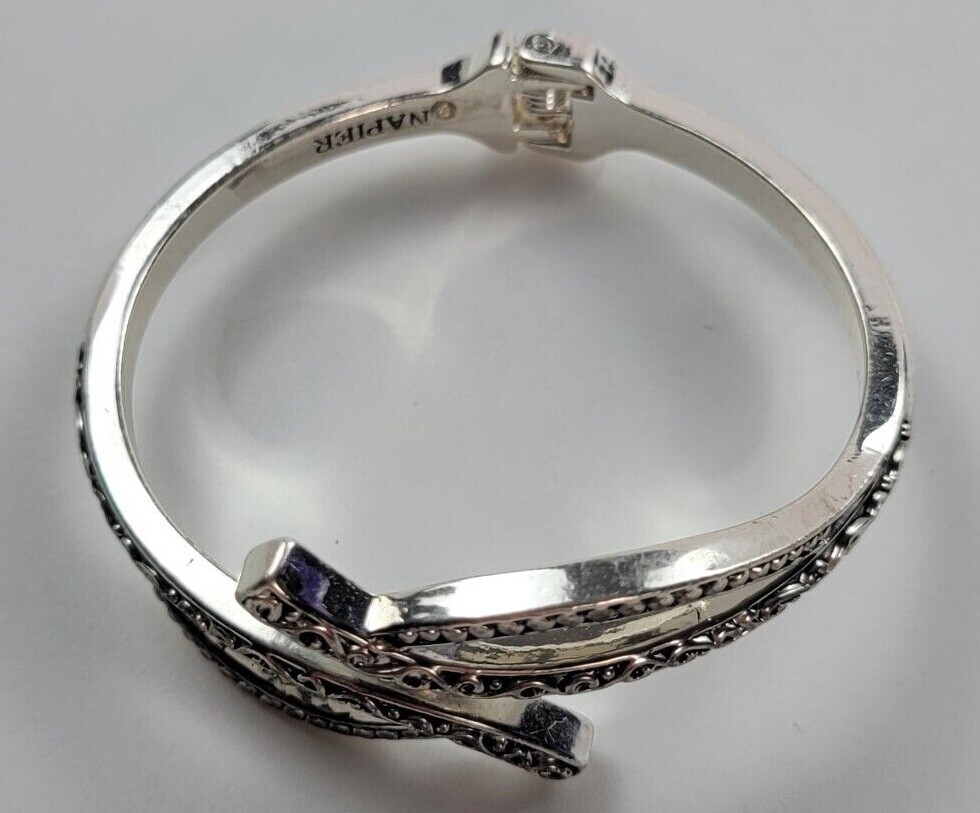 Napier Silver Tone Hinge Bracelet 6.5″ Open Work Leaf Filigree Oval Bangle