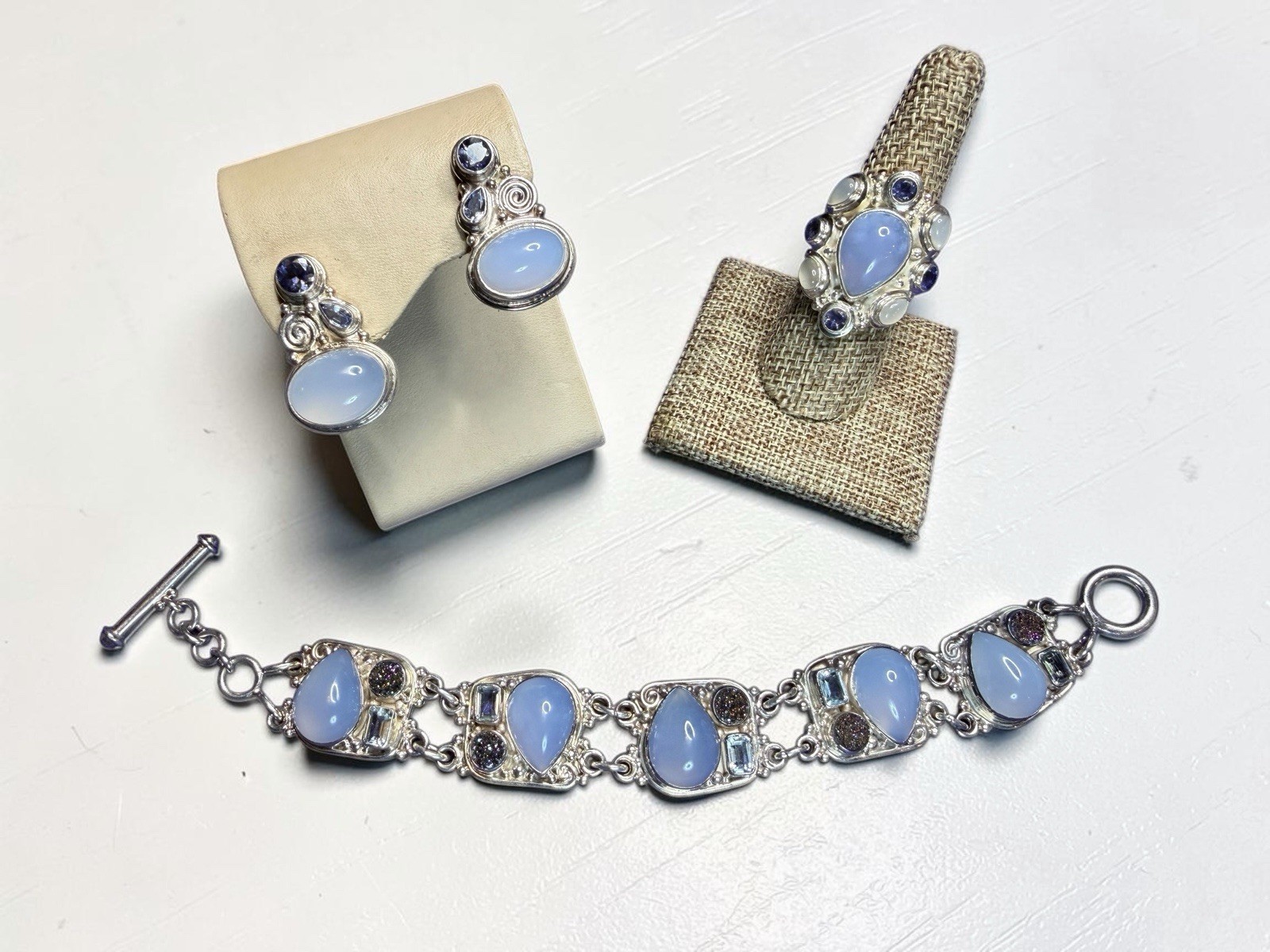 Sajen 925 Silver Chalcedony Moonstone Iolite Druzy Ring Bracelet Earrings Set